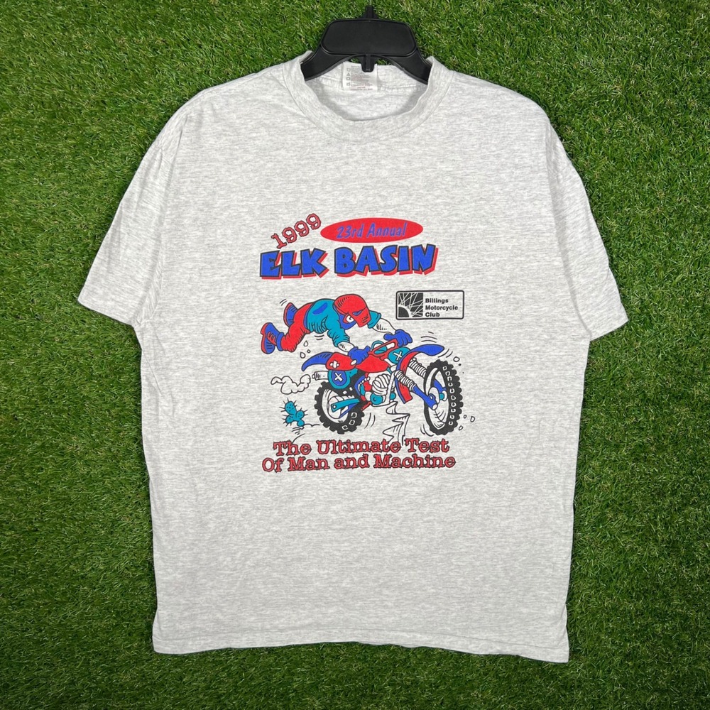 Vintage 1999 Elk Basin Motorcycle T Shirt Mens Large Gray PowerPro Oneita 90s